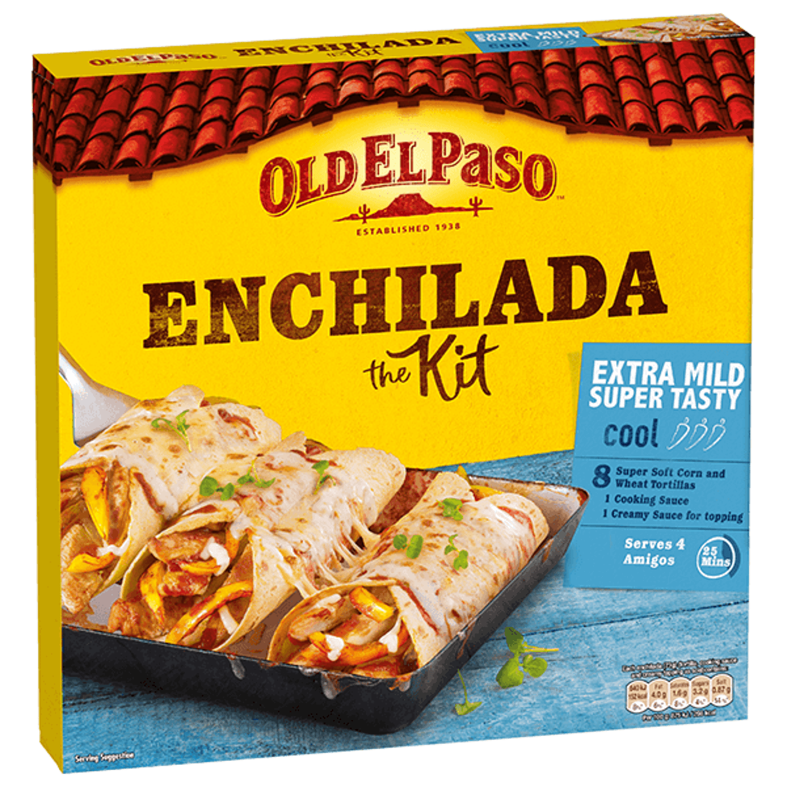 pack of Old El Paso's extra mild super tasty Enchilada kit containing super soft corn & wheat tortillas, cooking sauce & creamy sauce (585g)